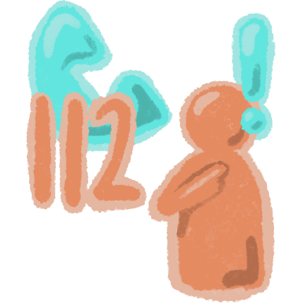 an orange person with a blue exclamation mark on the right of their head and a blue phone on the left. By the phone is an orange 112